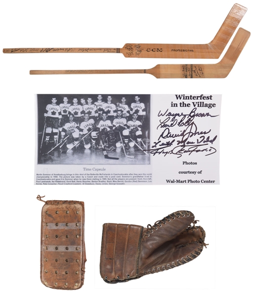 Vintage CCM Goalie Stick Signed by 17 Past Goalie Greats, 1958 Belleville McFarlands Multi-Signed Goalie Stick and Team Picture and More!