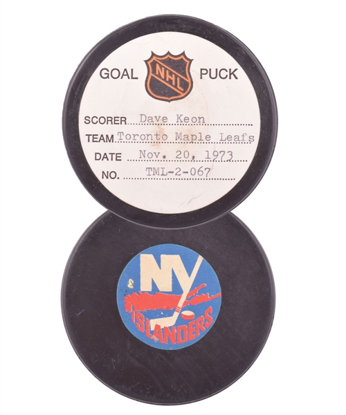 Dave Keons Toronto Maple Leafs November 20th 1973 Goal Puck from the NHL Goal Puck Program - 6th Goal of Season / Career Goal #330