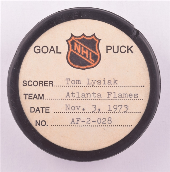 Tom Lysiaks Atlanta Flames November 3rd 1973 Goal Puck from the NHL Goal Puck Program - 2nd Goal of Rookie Season / Career Goal #2