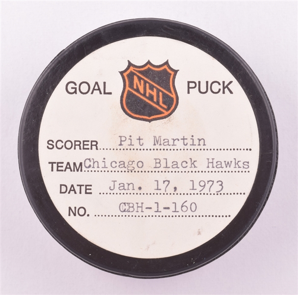 Pit Martins Chicago Black Hawks January 17th 1973 Goal Puck from the NHL Goal Puck Program - 19th Goal of Season / Career Goal #188