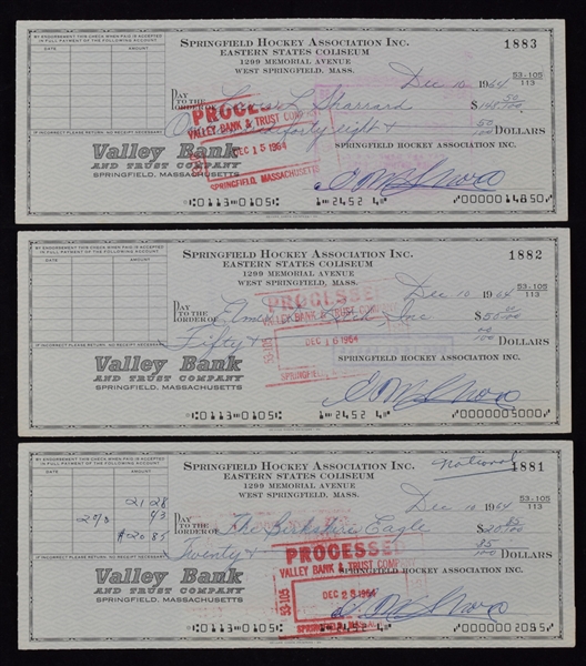 Deceased HOFer Eddie Shore Springfield Hockey Association Signed Checks (3) with LOA