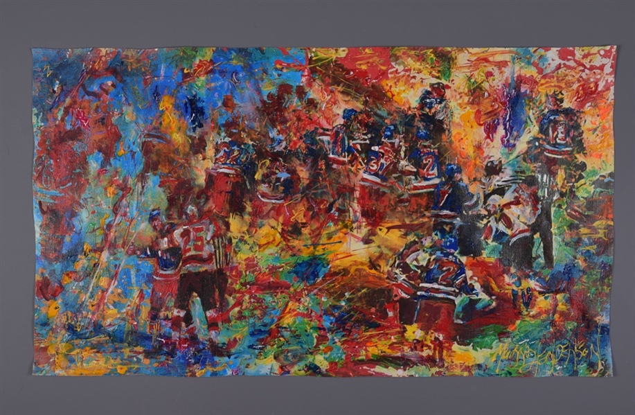 New York Rangers vs New Jersey Devils "March 19th 2012 Opening Faceoff Fights" Original Painting on Canvas by Renowned Artist Murray Henderson (19 ½” x 35”) 