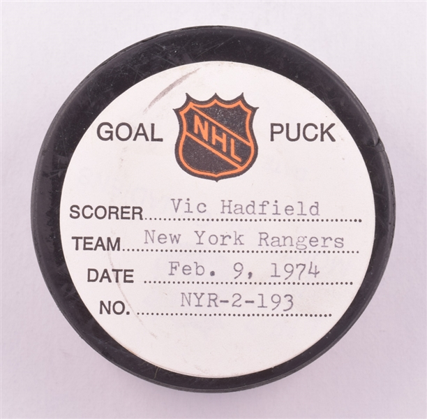 Vic Hadfields New York Rangers February 9th 1974 Goal Puck from the NHL Goal Puck Program - 20th Goal of Season / Career Goal #255