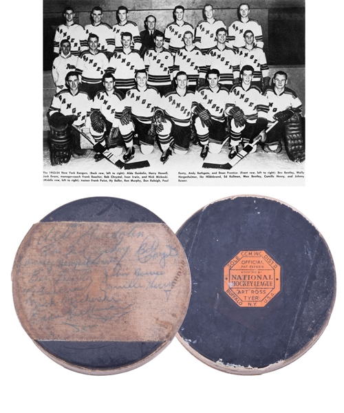 New York Rangers 1953-54 Team-Signed CCM Art Ross NHL Official Game Puck by 17 Including Boucher, Howell and Max Bentley