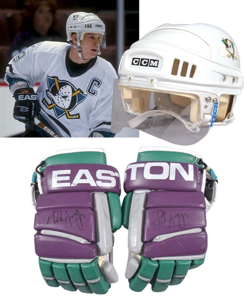 Paul Kariyas Anaheim Might Ducks Late-1990s CCM Game-Worn Helmet and Early-2000s Signed Easton Game-Used Gloves