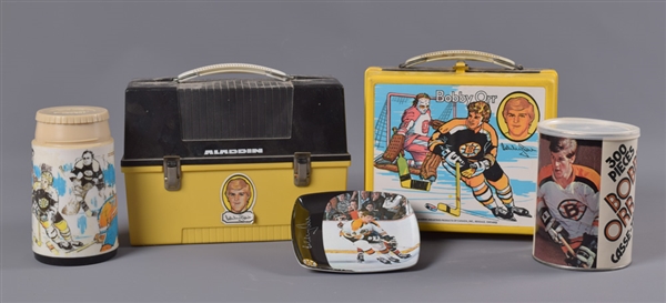Bobby Orr Boston Bruins Memorabilia Collection with 1972 Unopened Jigsaw Puzzle, 1972 Tray/Plaque, Lunchboxes (2) and Fishing Rod