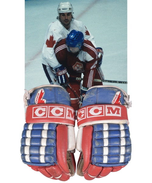 Paul Coffeys 1987 Canada Cup Team Canada CCM Game-Used Gloves with His Signed LOA - Photo-Matched!