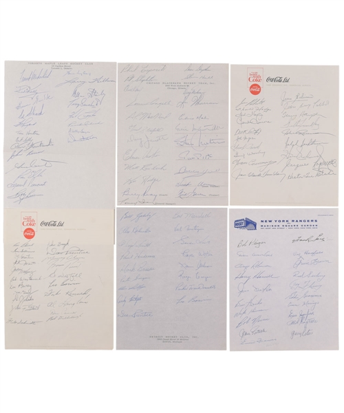 1965-66 "Original Six Teams" Team-Signed Sheets (6) - 122 Signatures Including Sawchuk, Horton, Clancy, Ivan, Hull, Mikita, Howe, Schmidt, Blake, Beliveau and Other Greats!