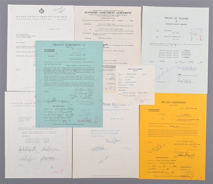 Toronto Maple Leafs 1940s/1970s Official NHL Document Collection of 8 with HOFers Hap Day and Jim Gregory Signatures Plus Others