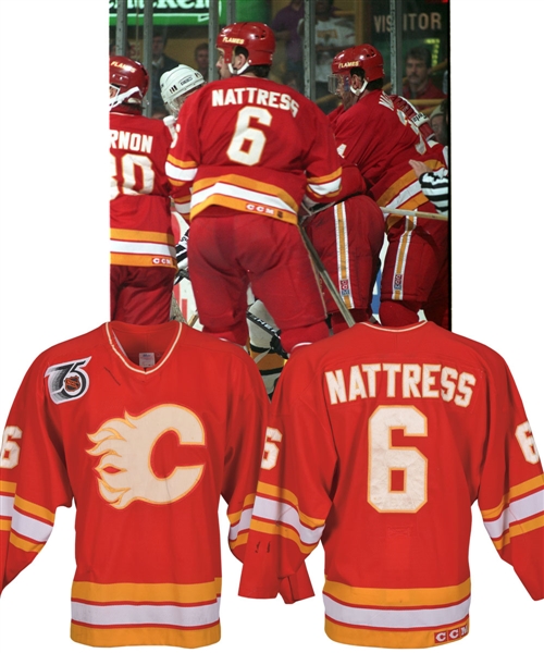 Ric Nattress 1991-92 Calgary Flames Game-Worn Jersey - 75th Patch! - Team Repairs!