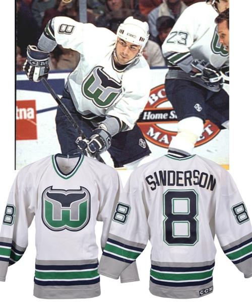 Geoff Sandersons 1995-96 Hartford Whalers Game-Worn Jersey with LOA - Team Repairs!