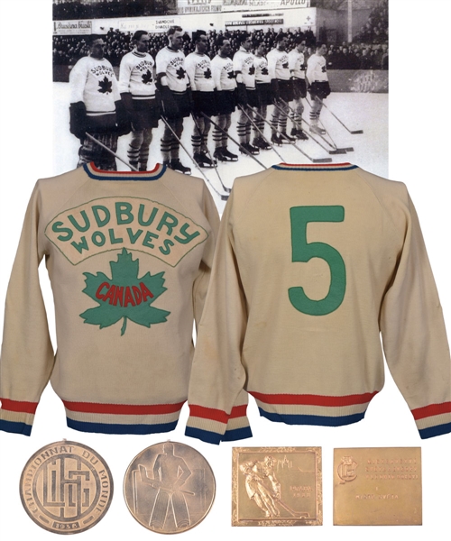 Percy Allens Sudbury Wolves Team Canada 1938 IIHF World Championships Game-Worn Wool Jersey and Gold Medals (2) - World Champions!