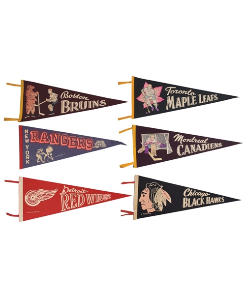 Vintage "Original Six" Pennant Collection of 6 Including Beautiful Boston, Montreal and Toronto Early Pennants