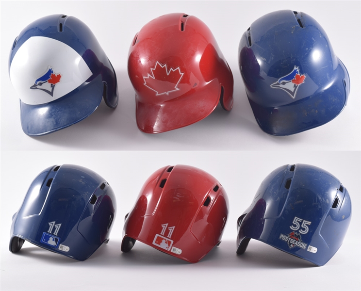 Kevin Pillars 2017 Toronto Blue Jays Game-Used Batting Helmets (2) and Locker Nameplate Plus Russel Martins 2015 Game-Used Batting Helmet - All MLB Authenticated