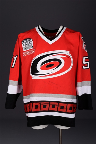 Andrei Kovalenkos 1999-2000 Carolina Hurricanes Game-Worn Jersey - Raleigh Arena Inaugural Season and Chiasson "3" Patches!