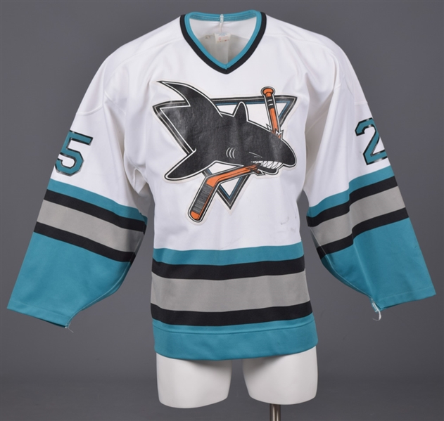 Bob McGills 1991-92 San Jose Sharks Inaugural Season Game-Worn Pre-Season Jersey with LOA - Team Repairs!