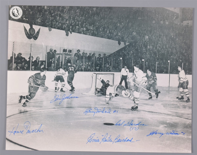 Multi-Signed Leafs/Canadiens Photo of Bill Barilkos Famous 1951 Goal with LOA (11” x 14”) 