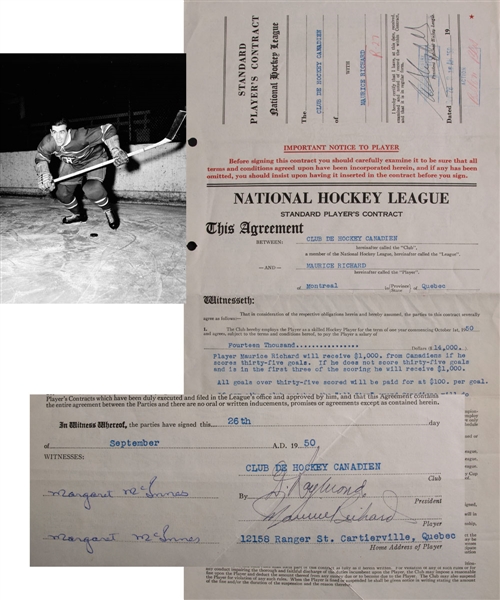 Maurice Richards 1950-51 Montreal Canadiens NHL Contract Signed by Deceased HOFers Richard, Campbell and Raymond