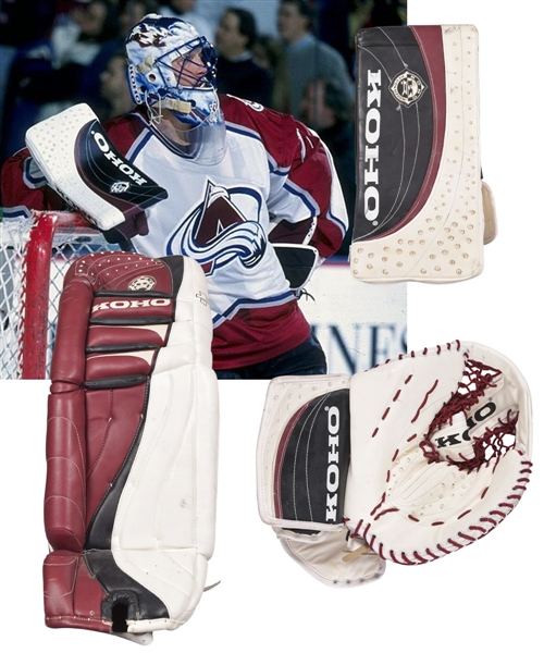 Patrick Roys 1996-97 Colorado Avalanche Game-Used Koho Glove, Blocker and Pad Plus Signed Jerseys (2)