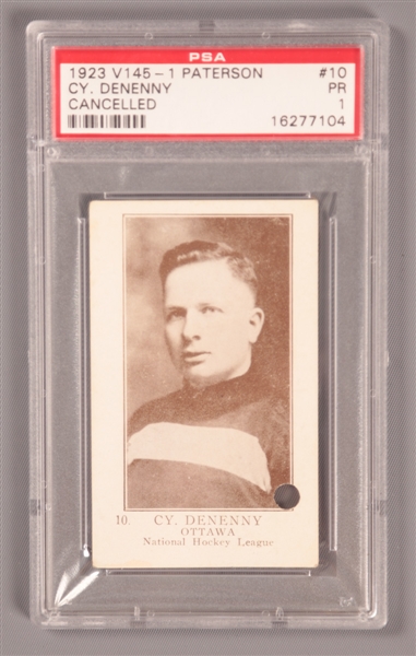 1923-24 William Patterson V145-1 (Cancelled) Hockey Card #10 HOFer Cy Denneny RC - Graded PSA 1 - Highest Graded!