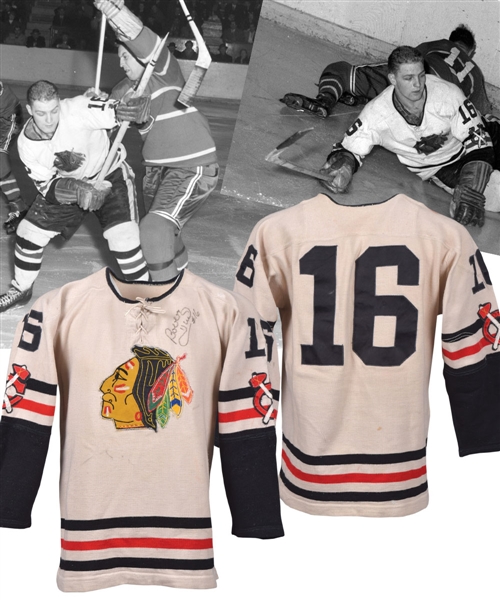 Bobby Hulls Spectacular 1957-58 Chicago Black Hawks Game-Worn Rookie Season Wool Jersey - Numerous Team Repairs! - Photo-Matched!