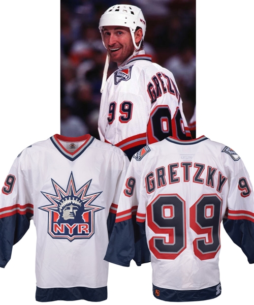 Wayne Gretzkys 1998-99 New York Rangers Game-Issued Alternate Lady Liberty Jersey with Team LOA