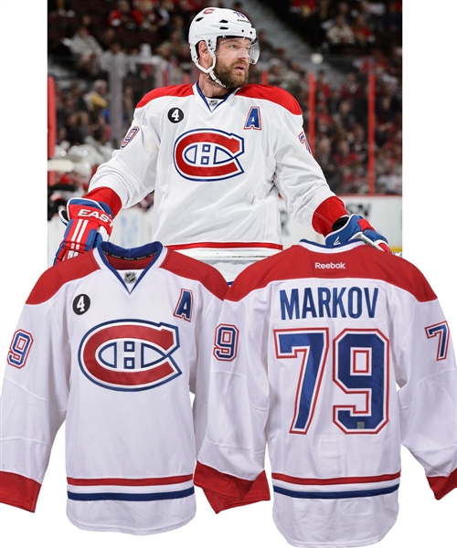 Andrei Markovs 2014-15 Montreal Canadiens Game-Worn Alternate Captains Playoffs Jersey with Team LOA - Beliveau Memorial Patch!