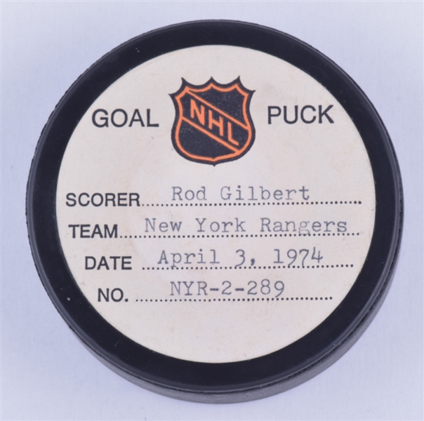 Rod Gilberts New York Rangers April 3rd 1974 Goal Puck from the NHL Goal Puck Program - 32nd Goal of Season / Career Goal #301
