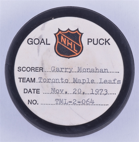 Garry Monahans Toronto Maple Leafs November 20th 1973 Goal Puck from the NHL Goal Puck Program - 3rd Goal of Season / Career Goal #48
