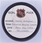Garry Monahans Toronto Maple Leafs November 20th 1973 Goal Puck from the NHL Goal Puck Program - 3rd Goal of Season / Career Goal #48