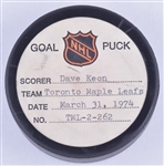 Dave Keons Toronto Maple Leafs March 31st 1974 Goal Puck from the NHL Goal Puck Program - 25th Goal of Season / Career Goal #349