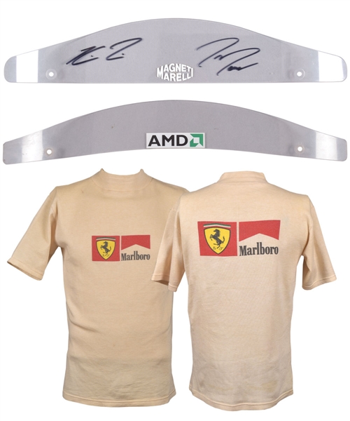 Michael Schumachers Ferrari Nomex Underwear Shirt Plus Ferrari Windshields (2) Including One Dual-Signed by Schumacher/Massa