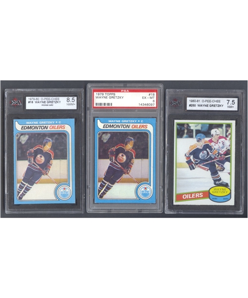 1979-80 O-Pee-Chee and Topps Hockey #18 HOFer Wayne Gretzky Rookie Cards (2) Plus 80-81 OPC #250 Wayne Gretzky - All Graded