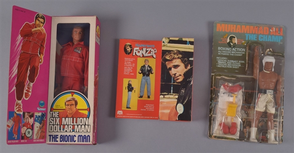 Mid-1970s Six Million Dollar Man, Muhammad Ali and Fonzie Figures with Original Boxes/Packagings