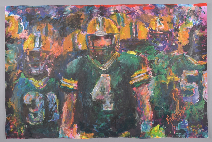 Brett Favre Green Bay “Leading the Packers” Original Painting on Canvas by Renowned Artist Murray Henderson (27” x 40”) 