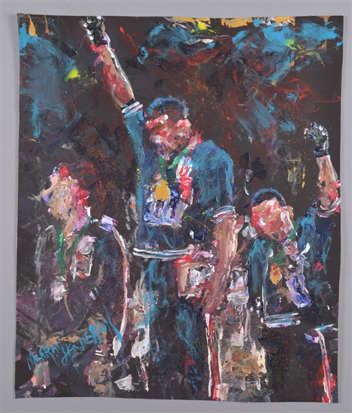1968 Olympic Games American Sprinters Tommie Smith and John Carlos “Solidarity Salute” Original Painting on Canvas by Renowned Artist Murray Henderson (19” x 23”) 
