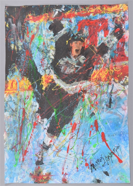 Wayne Gretzky Surpasses Gordie Howe for All-Time Points “The New King” Original Painting on Canvas by Renowned Artist Murray Henderson (15 ½” x 22”) 