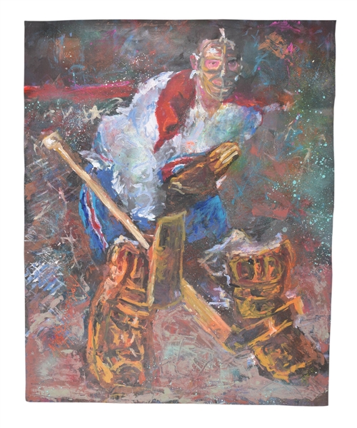Jacques Plante Montreal Canadiens “Pretzel Mask” Original Painting on Canvas by Renowned Artist Murray Henderson (32 ½” x 40 ½”) 