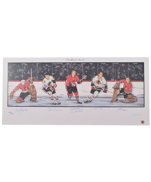 Chicago Black Hawks Limited-Edition Lithograph Autographed by 5 HOFers with LOA (18" x 39")