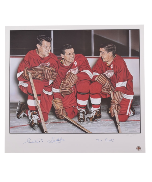 Detroit Red Wings Production Line Limited-Edition Lithograph Autographed by Howe, Abel and Lindsay with LOA (27” x 29 ½”)