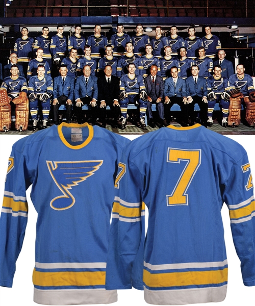 Gordon "Red" Berensons 1967-68 St. Louis Blues Inaugural Season Game-Worn Stanley Cup Finals Home Jersey with His Signed LOA - Team Repairs!