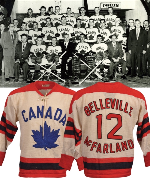 Gordon "Red" Berensons 1959 World Championships Belleville McFarlands Team Canada Game-Worn Wool Jersey with His Signed LOA - World Champions!