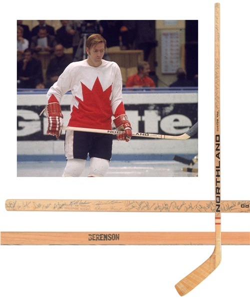 Gordon "Red" Berensons 1972 Canada-Russia Series Vintage Team-Signed Game-Issued Stick with His Signed LOA