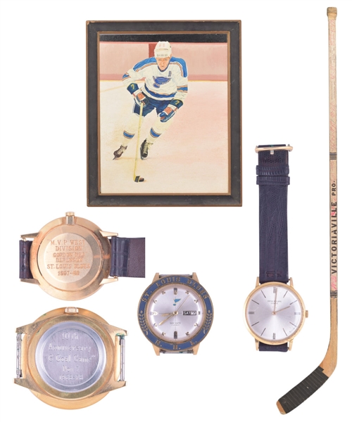 Gordon "Red" Berensons St. Louis Blues Collection Including 1967-68 Game-Used Team-Signed Inaugural Season Playoffs Stick, 1967-68 MVP West Division and "6 Goal Game" Watches with His Signed LOA