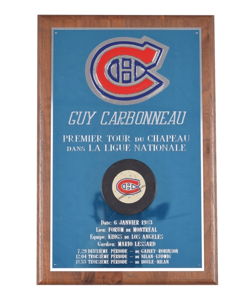 Guy Carbonneaus 1983 Montreal Canadiens Signed First NHL Hat Trick Plaque with His Signed LOA