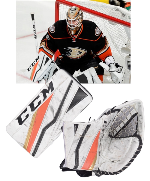 Jonathan Berniers Signed 2016-17 Anaheim Ducks Game-Used Glove and Blocker with His Signed LOA - Photo-Matched Blocker to Playoffs!