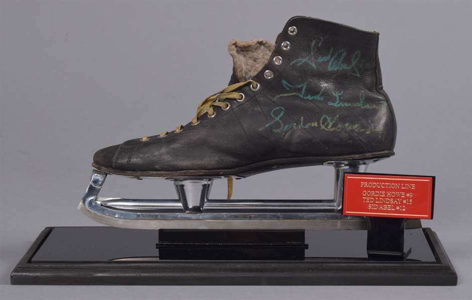 Detroit Red Wings Production Line of Howe, Abel and Lindsay Signed Vintage Hockey Skate in Display Case with COA