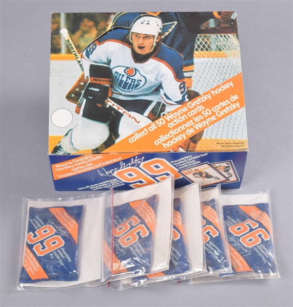 1982-83 Wayne Gretzky Neilson Complete 50-Card Hockey Sets (3) Plus "99" Unopened Cookie Bars (5) and Box