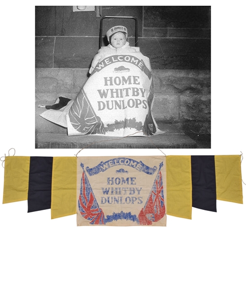 Vintage 1958 Whitby Ontario Street Banner from Celebration / Parade Welcoming Home 1958 World Champions Whitby Dunlops (27 ½” x 94”)  