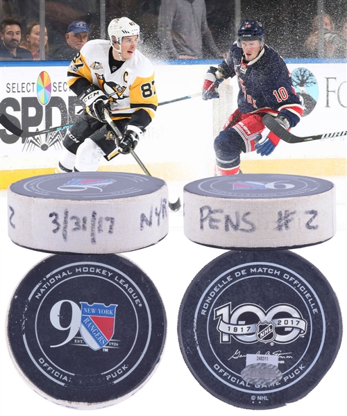 Sidney Crosbys Pittsburgh Penguins March 31st 2017 Goal Puck with Steiner LOA - 43rd Goal of Season / Career Goal #381